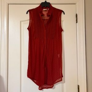 Sleeveless Dark Red Sheer Button-Up Blouse
